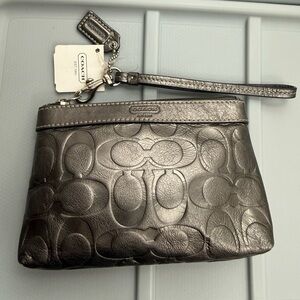Coach Signature Metallic Silver Gunmetal Embossed Leather Wristlet
